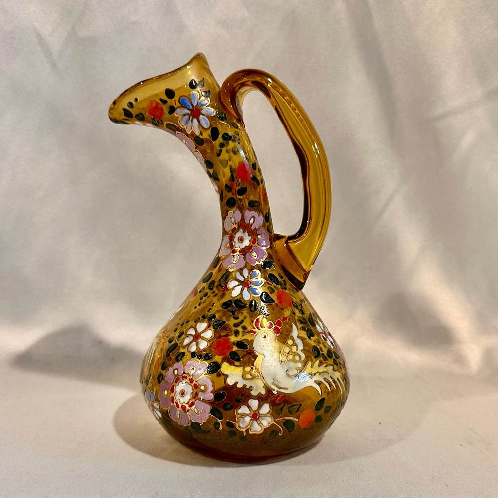 Vintage Hand-Painted Floral Enamelled Amber Hand Blown Glass Vase Pitcher Ewer